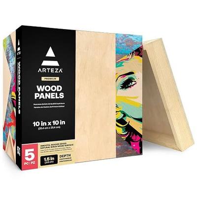ARTEZA Wood Canvas Boards, 10 x 10 Inches, Pack of 5, Birch Wood, Wooden Panels for Acrylic and Oil Painting, Wood Burning, Crafting