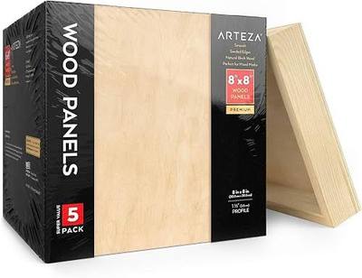 Arteza Wooden Canvas Board, 8x8 Inch, Pack of 5, Birch Wood, Cradled Artist Wood Panels for Painting, Encaustic Art, Wood Burning, Pouring, Use with Oils, Acrylics