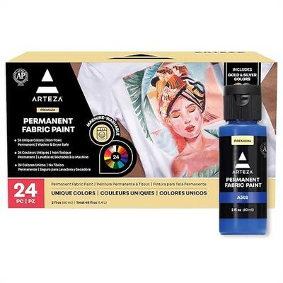 ARTEZA Fabric Paint, Set of 24, Permanent Paint, Textile Paint for Drawing on T-Shirts, Denim, Cotton, Linen, and Mixed Fabrics