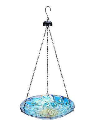MUMTOP Hanging Glass Bird Bath Peacock Outdoor Birdfeeder Garden Yard Decor | 11-inch Hanging glass bird bath for outdoor bird drinking and bathing creating a beautiful backyard wildlife habitat