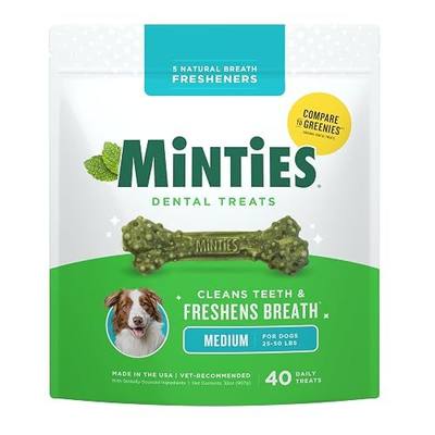 Minties Dental Chews for Dogs, 40 Count, Vet-Recommended Mint-Flavored Dental Dog Treats for Medium Dogs, Bones Clean Teeth, Fight Bad Breath, and Removes Plaque and Tartar