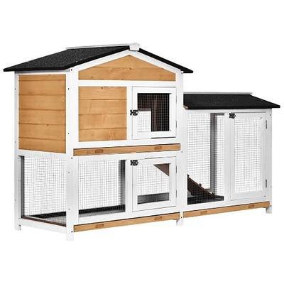 PawHut 62" Rabbit Hutch, Wooden Bunny Hutch, Guinea Pig Cage, Small Animal Enclosure with Run Area, Removable Tray, Asphalt Roof, Lockable Doors and Ramp, Nature Wood | Wooden Bunny Hutch, Guinea Pig Cage, Small Animal Enclosure, Removable Tray, Asphalt Roof, Lockable Doors, Ramp for Ducks