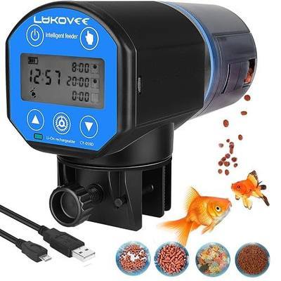 Lukovee Automatic Fish Feeder, Feeding Time Display USB Rechargeable Timer Moisture-Proof Aquarium or Fish Tank Food Dispenser with 200ML Large Capacity for Vacation Weekend Holiday,Blue
