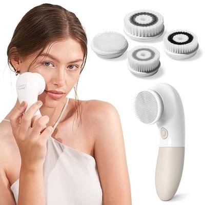 Vanity Planet Raedia Facial Cleansing Brush - Electric Facial Cleansing Brush with 4 Exfoliating Brush Heads - Waterproof, Handheld, Lightweight for Face Scrubber and Exfoliating Face - Warm Grey | Facial Cleansing Brush with 4 Exfoliating Brush Heads - Waterproof, Handheld, Lightweight for Face Scr
