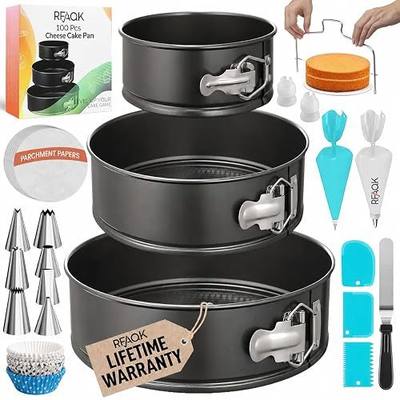 RFAQK 100pcs Cake Pan Sets for Baking + Cake Decorating Supplies: 3 Non-Stick Springform Pans Set (4, 7, 9 inches), Icing Tips, Cake Leveler – Multi-functional Leak-Proof CheeseCake Pan & eBook