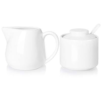 ONTUBE Porcelain Sugar and Creamer Set of 3,Cream Pitcher, Spoon, Sugar Bowl with Lid,Cream (White) | Set of 3, Cream Pitcher, Sugar Bowl with Lid, Includes Spoon