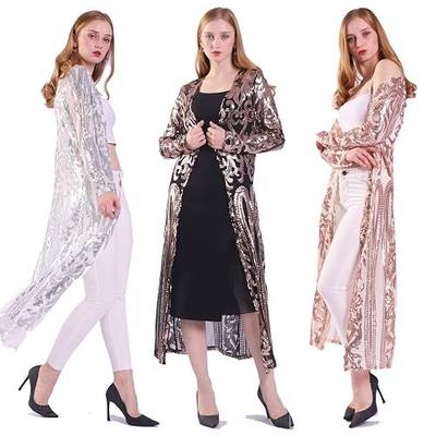 Women's Glitter Sequin Cardigan Long Sleeve Sparkle Duster Evening Party Cover Up Open Front Coat