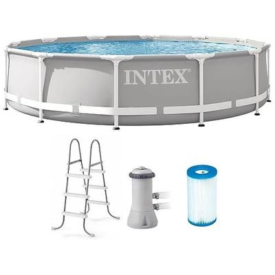 Intex Prism Frame 12 Foot x 30 Inch Round Above Ground Outdoor Swimming Pool Set for Backyards with 530 GPH Filter Pump and Steel Frame Pool Ladder
