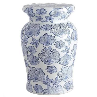 JONATHAN Y Poppies 17.75" Ceramic Drum Garden Stool Side Table, White/Blue | Traditional Floral Chinoiserie, Indoor Outdoor Plant Stand, Patio, Glossy Glaze Finish, Spill Proof