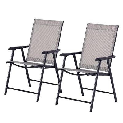 Outsunny Set of 2 Patio Folding Chairs, Stackable Outdoor Sling Patio Dining Chairs with Armrests for Lawn, Camping, Dining, Beach, Metal Frame, No Assembly, Gray
