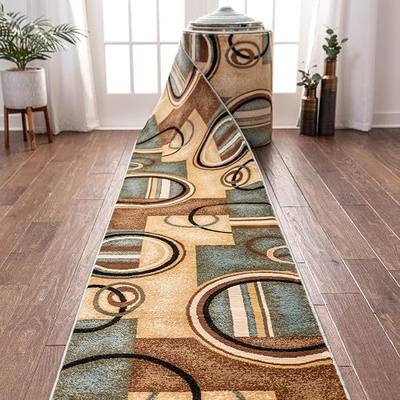 Well Woven Custom Size Hallway Stair Runner- Choose Length - Deco Rings Light Blue Geometric Modern 26 Inch Wide x 10 Feet Long Runner (26" x 10') Abstract Color Block Carpet