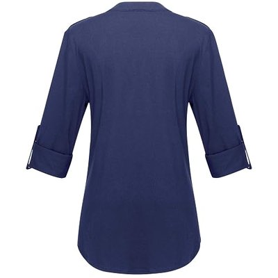 Women V Neck 3/4 Cuffed Sleeve Shoulder Overlay Buttons Tunics Blouses