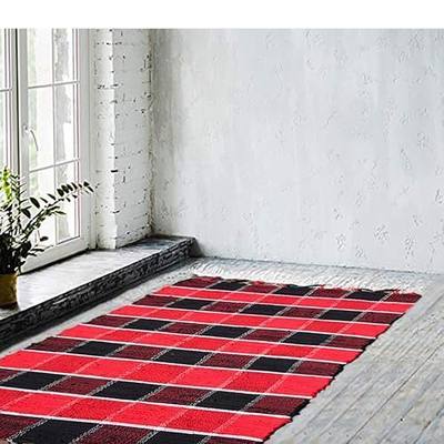 SERENITA Chindi Rug Reversible Rag Cotton Hand Woven Throw Area Rugs for Kitchen Bedroom Bathroom Livingroom Washable Plaid Red 27.5"x55"