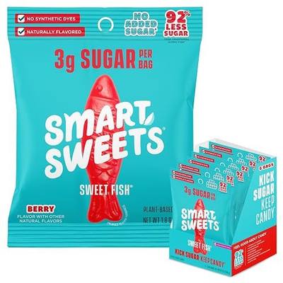 SmartSweets Sweet Fish, Low Sugar Gummy Candy (3g), Low Calorie (130), Gluten-Free -1.8oz (Pack of 6) Packaging may vary | Gluten Free, Plant Based, Healthy Snacks For Adults & Kids, Fiber Candy, Fun Chewy Berry Flavored Gummies, Healthy Candy