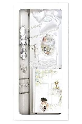 Lito First Communion Candle Set for Boys - White Silver Cross Candle Set Kit for Holy 1st Communion - (Spanish)