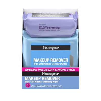 Neutrogena Day & Night Facial Cleansing Wipes, Makeup Remover Face Cleansing Towelettes & Night Calming Facial Cloths, 100% Plant Based Fibers Wipe Away Dirt & Oil, (3 Packs of 25)
