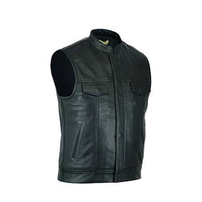 Leatherick Mens Black Motorcycle Vests - Top Grain Cow Leather SOA Club & Traditional Paisley Satin Liner Leather Biker Vests