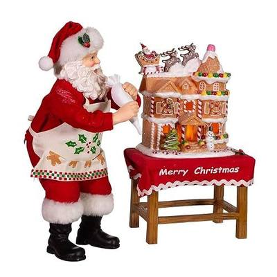 Kurt Adler 10.5-Inch Battery-Operated Fabriche Santa Decorating LED Gingerbread House Table Piece (JEL1203) | LED-Lit, Free-Standing Table Piece