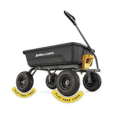 Gorilla Carts Poly Dump Cart, 600 lb. Capacity, 4 Cu Ft., Flat Free Tires | Poly dump cart with flat-free tires for homeowners and weekend gardeners hauling mulch, soil and leaves around smaller yards.