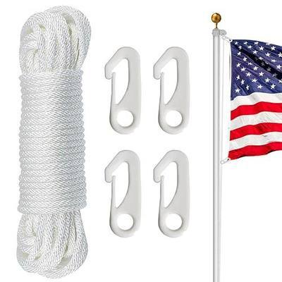 NQ Flag Pole Rope Kit - 50 Feet x 1/4" Diameter, Flagpole Nylon Halyard with 4 Pieces Nylon Hook Clips - Outdoor Flagpole Accessories, Rope for Clothesline, Swing, Camping (White)