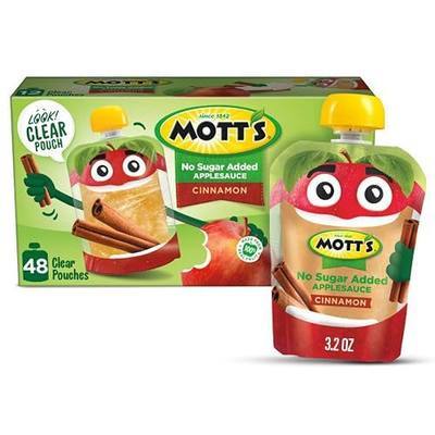 Mott's No Sugar Added Cinnamon Applesauce, 3.2 Oz Clear Pouches, 48 Count (4 Packs Of 12), Good Source Of Vitamin C, No Artificial Flavors