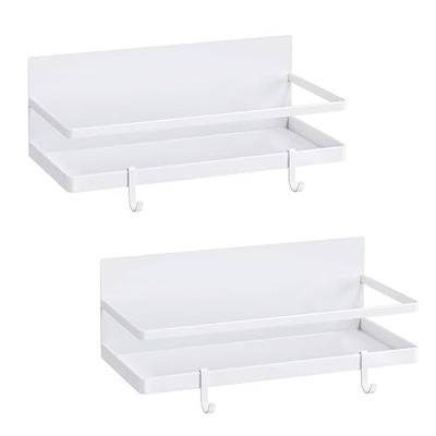 Magnetic Spice Rack, Thipoten Strong Magnetic Shelf with 2 Removable Hooks, Perfect Space Saver for Small Kitchen/ Apartment, Awesome Metal Cabinet for Holding Spices, Jars, Salt (White, 2Pack)