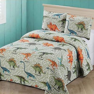 3 pc Full/Queen Size Quilt Bedspread Kids/Teens Boys Dinosaurs Army Green Blue OrangeMulticolor Bedding New