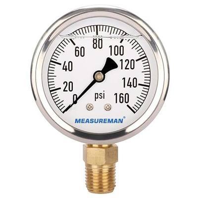 MEASUREMAN RV Water Pressure Regulator Replacement Gauge, 0-160psi, Lead-Free, Glycerin Filled, 2" Dial, 1/4" NPT Lower Mount, Stainless Steel Case