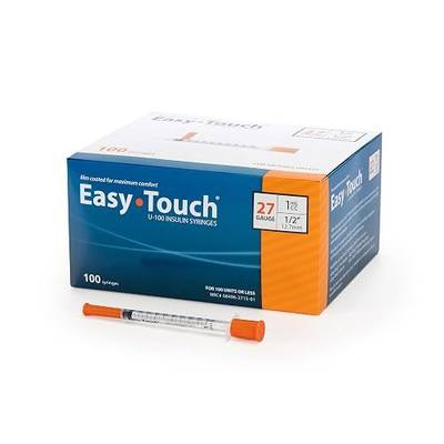 EasyTouch U-100 Insulin Syringes (27G 1.0cc 1/2") - 100ct. | Polybag, 100 Unit Capacity, 1/2” Needle Length, Bold Markings for Accurate Dosing, Disposable, Box of 100