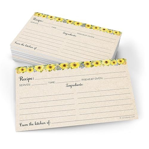 321Done Recipe Cards - Set of 50, Double-Sided Thick 3x5 Blank Recipe Cards, Tan Kraft Sunflower Design for Bridal Shower & Wedding Gift, Made in USA