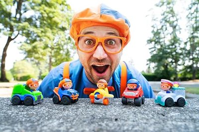 Blippi Mini Mobiles, 5 Pack Mini Vehicles - Features Character Toy Figure In Each Vehicle: Mobile/Car, Monster Truck, Recycle Truck, Ice Cream Truck, and Airplane - Educational Toys for Young Children