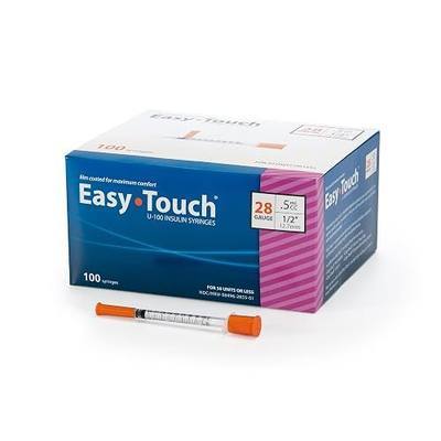 EasyTouch U-100 Insulin Syringes (28G 0.5cc 1/2") - 100ct. | Polybag, 50 Unit Capacity, 1/2" Needle Length, Bold Markings for Accurate Dosing, Disposable, Box of 100
