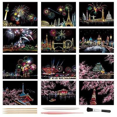 Magic Scratch Art Paper, Mini Envelope Postcard, Rainbow Night View Scratchboard for Adults and Teens, Art & Crafts Set: 12 Sheets Scratch Cards & Drawing Pen, Clean Brush (Fireworks/Cherry Blossom)