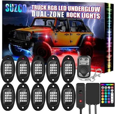 【Clear Stock】 10-pods Trucks LED RGB Neon Underglow Rock Lights Kit, 【Dual-Zone】+【160LEDs】+【2-in-1 Line】 Sync Music Under Wheel Well Lights Waterproof 12V with APP/RF/IR for CAR ATV UTV SUV
