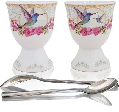 NobleEgg Egg Cups for Soft Boiled Eggs - Vintage Style Porcelain Egg Cups Holders, Authentic Egg Spoons, Stainless Steel