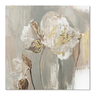 Goldfoilart Floral Wall Art Gold Pictures White Flower Canvas with Gold Foil Embellishment Paintings Textured Poster Framed Artwork for Living Room Bedroom Office Decorations 24" x 24"