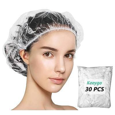 Keeygo Disposable Shower Caps 30 PCS Bath Caps Clear Waterproof Plastic Wraps for Women, Hotel Travel Essentials Accessories Hair Caps(17.3")