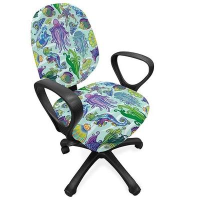 Ambesonne Underwater Office Chair Slipcover, Modern Sea Life Colorful Jellyfish Seahorse Exotic Aquarium, Protective Stretch Decorative Fabric Cover, Standard Size, Purple Turquoise