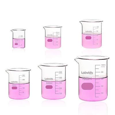 Upgrated 6 Size Low Form Glass Beaker Set, 25ml 50ml 100ml 250ml 500ml 1000ml, 3.3 Boro Glass beakers with Printed Graduation, LVA019