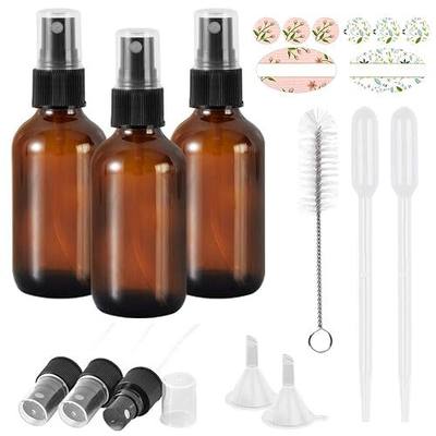 3 Pack 2oz 60 ml Amber Glass Spray Bottles with Fine Mist Sprayer & Dust Cap for Essential Oils, Perfumes,Cleaning Products.Included 1 Brush,3 Extra Sprayers,2 Funnels,2 Droppers & 6 Labels.
