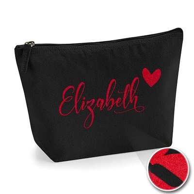 Personalized Name Initials & Heart Design Style Make Up Accessory Bag with Texture Print - Red Flock - S Black