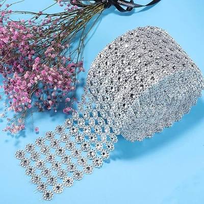 Diamond Ribbon, Bling Diamond Wrap Silver Flower Mesh Ribbon for Event Decorations, Wedding Cake, Bridal & Party Decorations Acrylic Bling Rhinestone Roll (1 Roll, 6 Rows,30 Feet)(Flower-Silver)