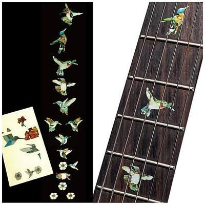 Inlaystickers Bee Hummingbirds - Fret Markers Inlay Stickers Decals for Guitars F-326BH-GT | Colorful hummingbird and flower markers for 21-, 22-, or 24-fret guitars, with optional 11th-13th fret pieces.