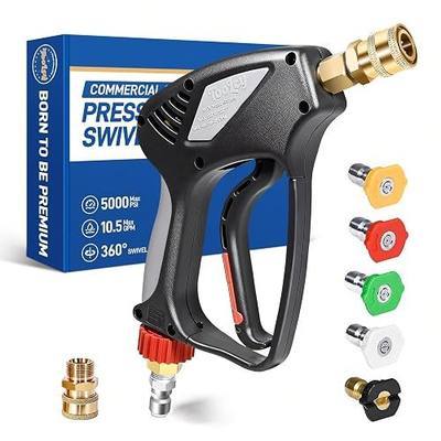 TOOLCY Pro Short Pressure Washer Gun 5000 PSI with 360° Swivel,3/8" Quick Connect Inlet, Power Washer Gun with 1/4" Quick Connect Outlet, Includes 3/8" QC to M22-14mm Adapter & 5 Nozzle Tips