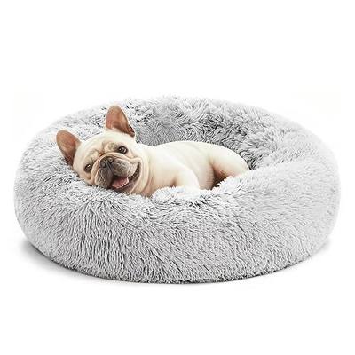 Love's cabin Calming Cat Bed for Indoor Cats, Anti-Anxiety Donut Round Dog Bed, Fluffy Faux Fur Washable Pet Bed for Small Medium Dogs and Cats, Grey, 20in
