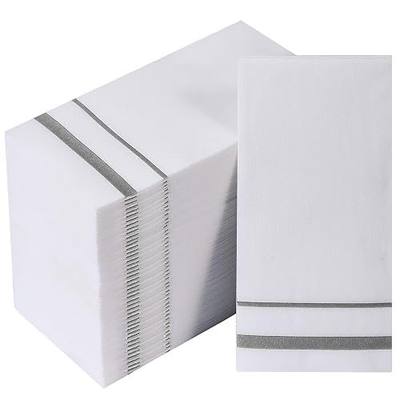 FOCUSLINE 200 Linen Feel Disposable Bathroom Napkins, Soft and Absorbent Paper Guest Towels, Cloth-Like Hand Towels Decorative Paper Napkins for Parties, Weddings, Dinners or Events, Silver, 12" x 17"