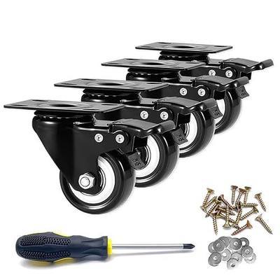 2" Swivel Casters Set of 4, Heavy Duty Locking Casters with Brakes | PU wheels, non-marking, black. 100 lbs each, dual lock brake, 360° swivel, rust-resistant. For workbenches, tool carts.