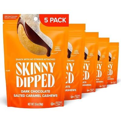 SkinnyDipped Salted Caramel Cashews, 3.5oz Bags | 5 Pack | Sweet and salty caramel coated cashews. Healthy plant protein snack. Gluten free.
