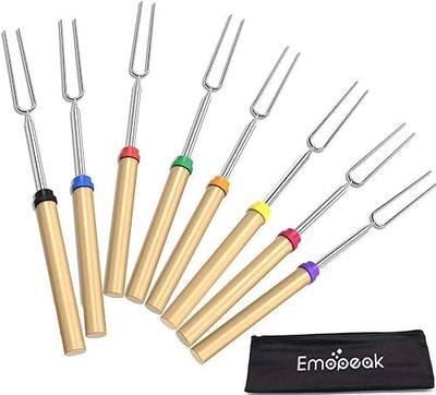 Emopeak Marshmallow Roasting Sticks, Roasting Sticks with Wooden Handle 32 Inch Extendable BBQ Forks Telescoping Smores Sticks for Fire Pit, Campfire (8 Pack)