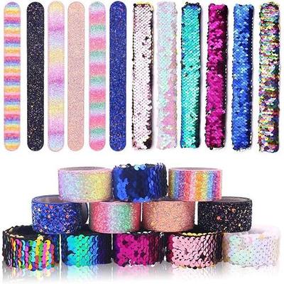 VGOODALL 12PCS Glitter Slap Bracelet for Kids, Soft Sequin Snap Bracelet for Mermaid Birthday Party Favors Carnival Classroom Prize Goodie Bag Fillers